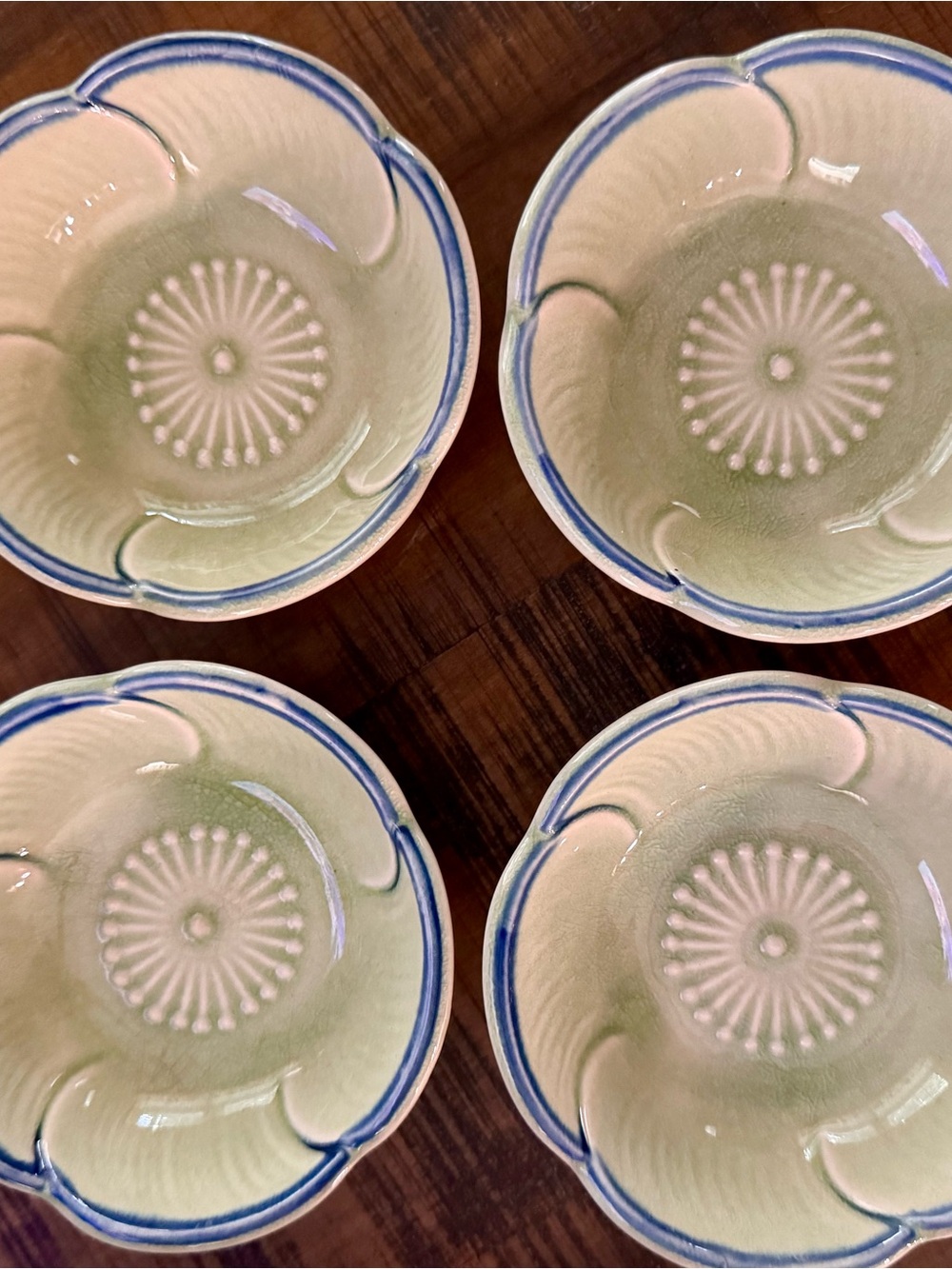 Set of 4 Floral Ceramic Bowls in Pale Green with Blue Rim